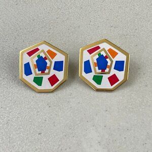 Vintage Clip Enamel Earrings Abstract 7 Sides White Gold Colorful Mod 1990s